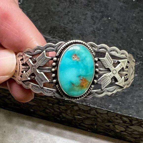 Vintage Native American Sterling Silver Turquoise Open Cuff Bracelet - Picture 9 of 9